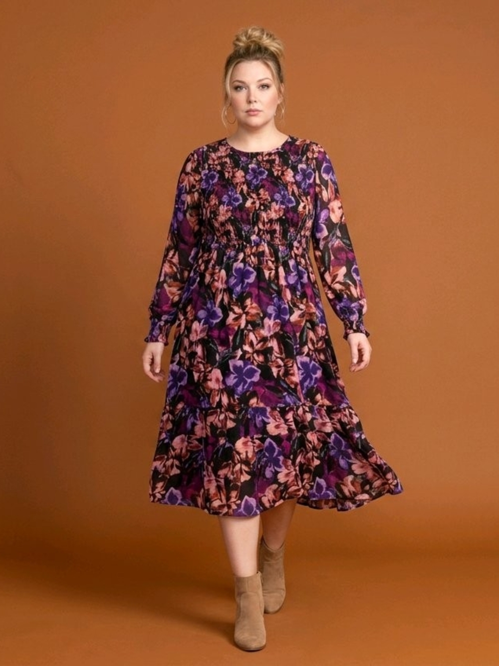 Terra & Sky Purple and Pink Floral Midi Dress